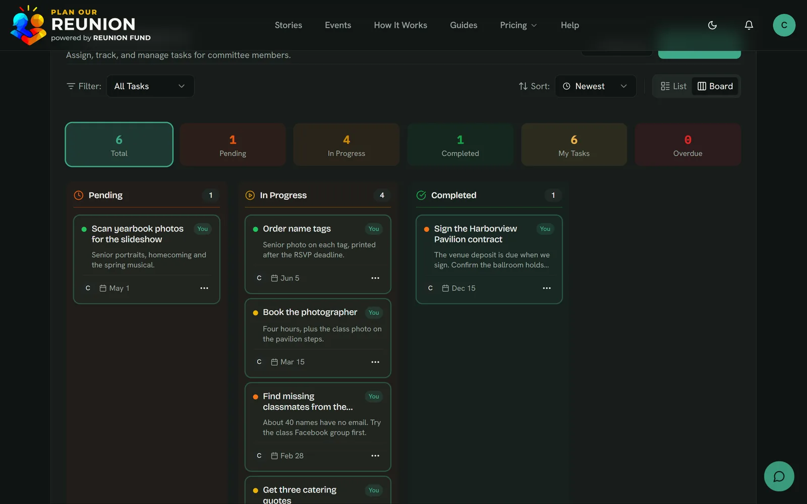 The committee Tasks board just after "Order name tags" moved from Pending to In Progress, with the task counts updated.