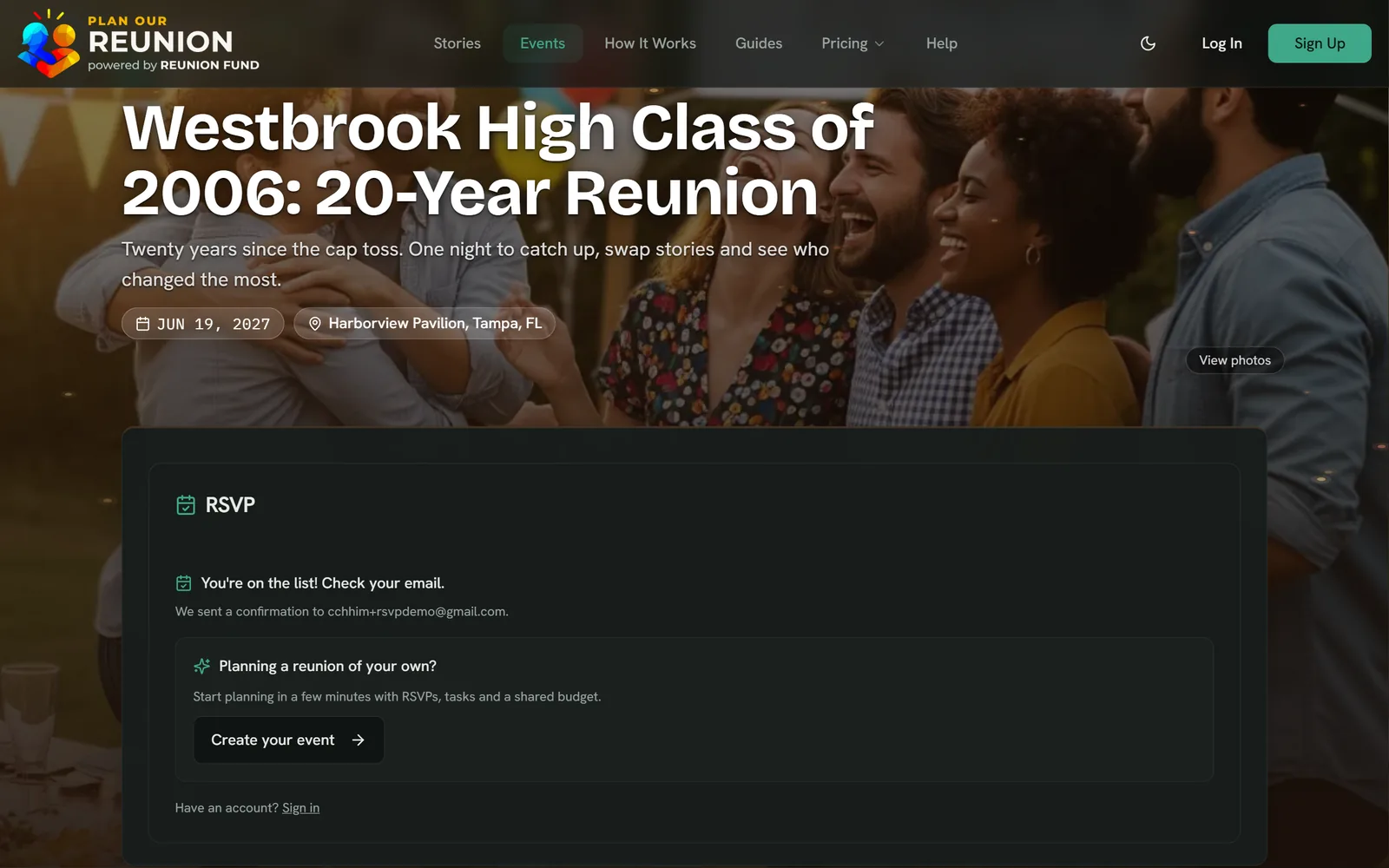 A reunion's event page where the RSVP card now reads "You're on the list! Check your email." after a guest answered with just a name and email.