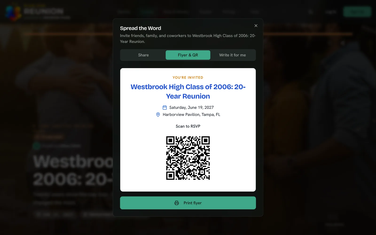 The Spread the Word window on its Flyer & QR tab: a printable flyer with the reunion's name, date and place and a QR code to RSVP.