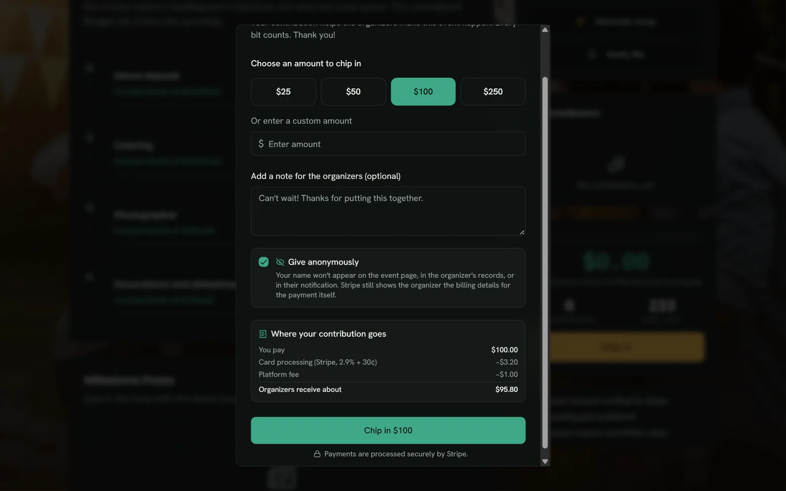 The Chip in window on a reunion's event page: $100 chosen from the preset amounts, Give anonymously ticked, a breakdown of where the money goes, and a Chip in $100 button.