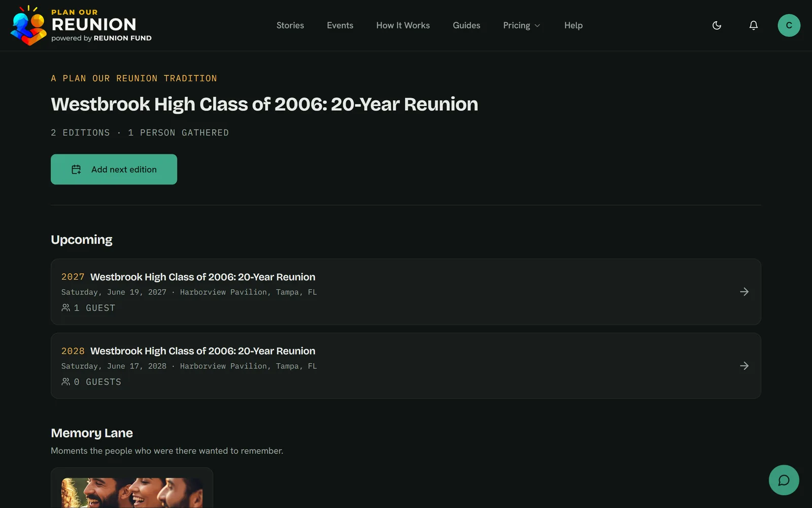 A Tradition home page with two editions on its timeline: the 2027 reunion and the newly added 2028 edition.