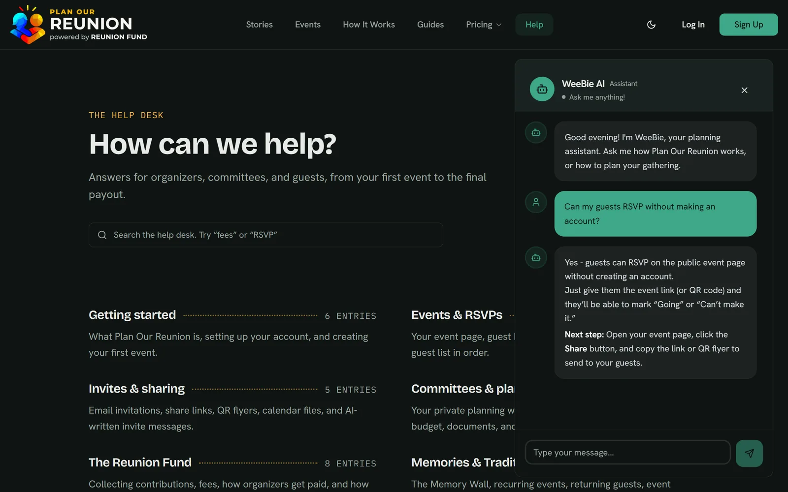 The WeeBie chat panel on the Help Center, answering that guests can RSVP from the event link without making an account.